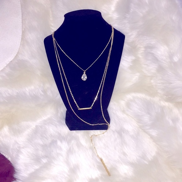 Stylish 3-Tier Layered Golden Tone Bar+Crystal Teardrop Pendant, Long Necklace - Picture 4 of 16